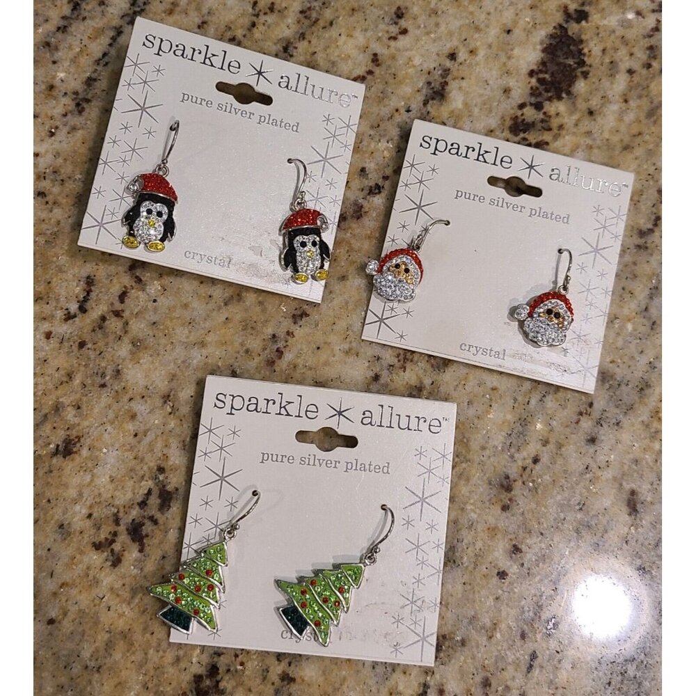 3 Pair Sparkle Allure Silver Plate Crystal Christmas Earrings Penguin Tree Santa - Picture 2 of 8